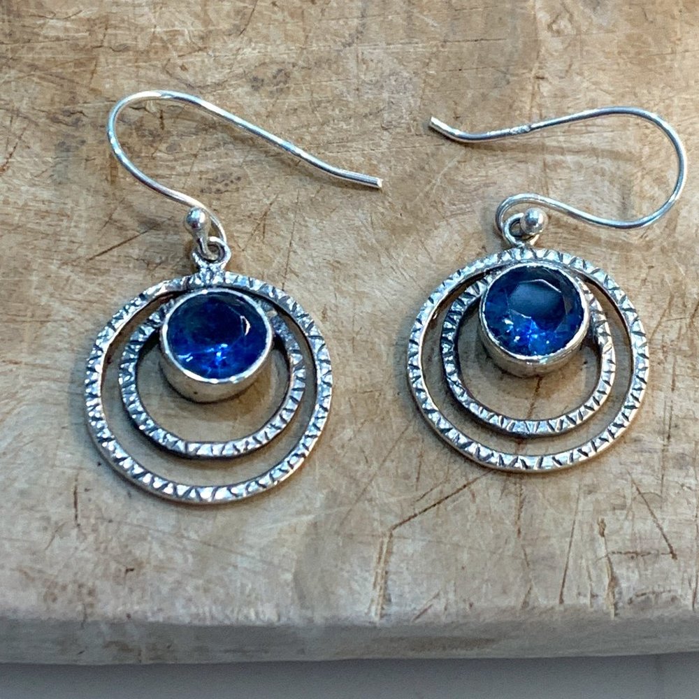 Sterling Dangle Earrings-- Hoops with Sapphires